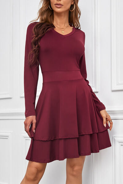 V-Neck Long Sleeve Layered Dress