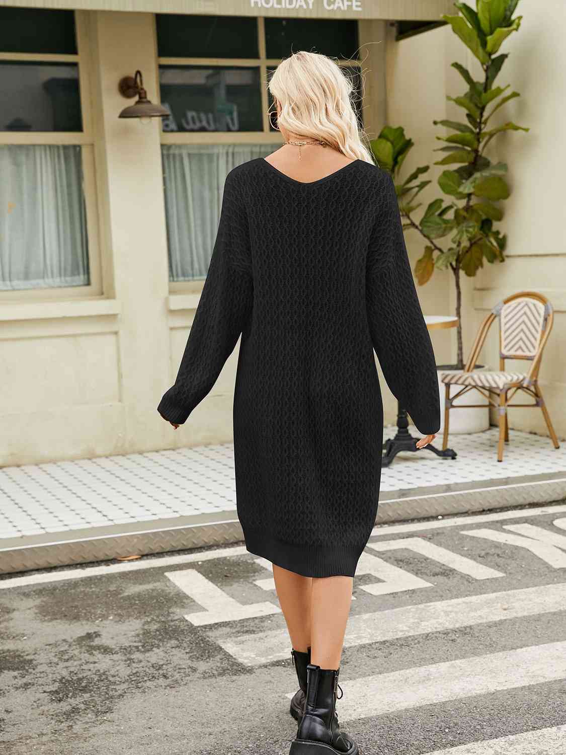 V-Neck Long Sleeve Sweater Dress