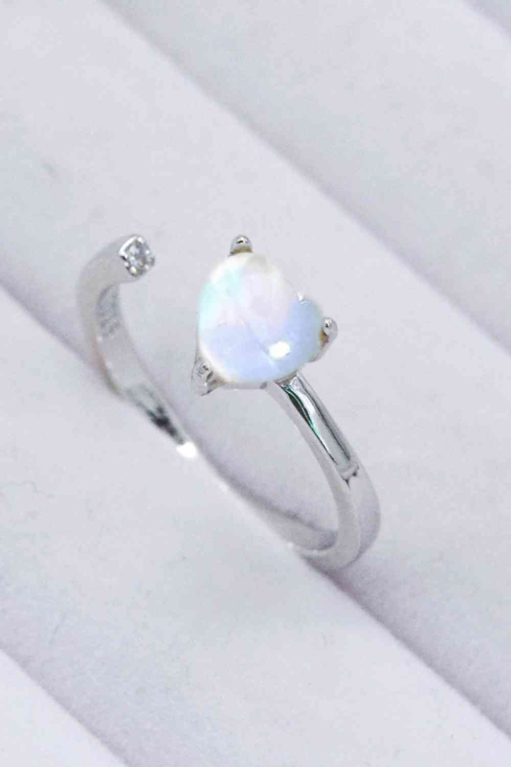 Inlaid Moonstone Heart Adjustable Open Ring