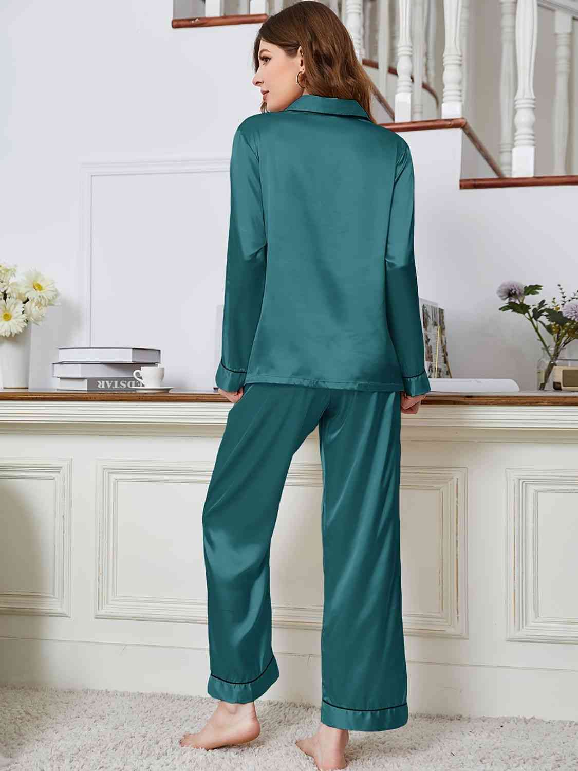 Lapel Collar Long Sleeve Top and Pants Pajama Set