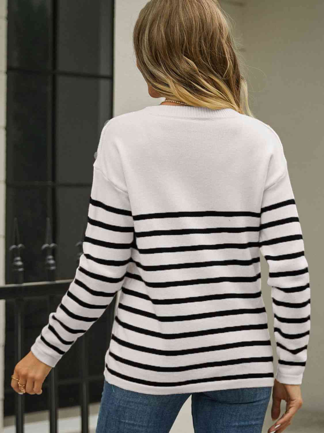 Round Neck Shoulder Button Striped Pullover Sweater