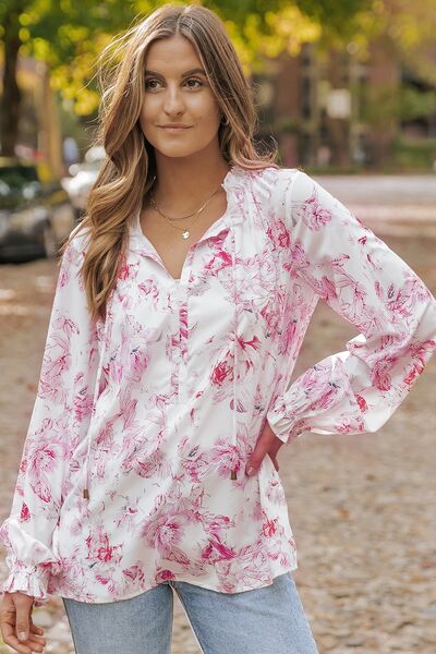 Floral Tie Neck Flounce Sleeve Blouse