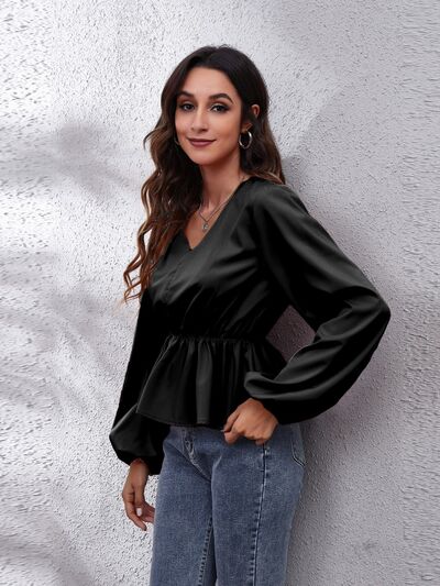 V-Neck Balloon Sleeve Peplum Blouse