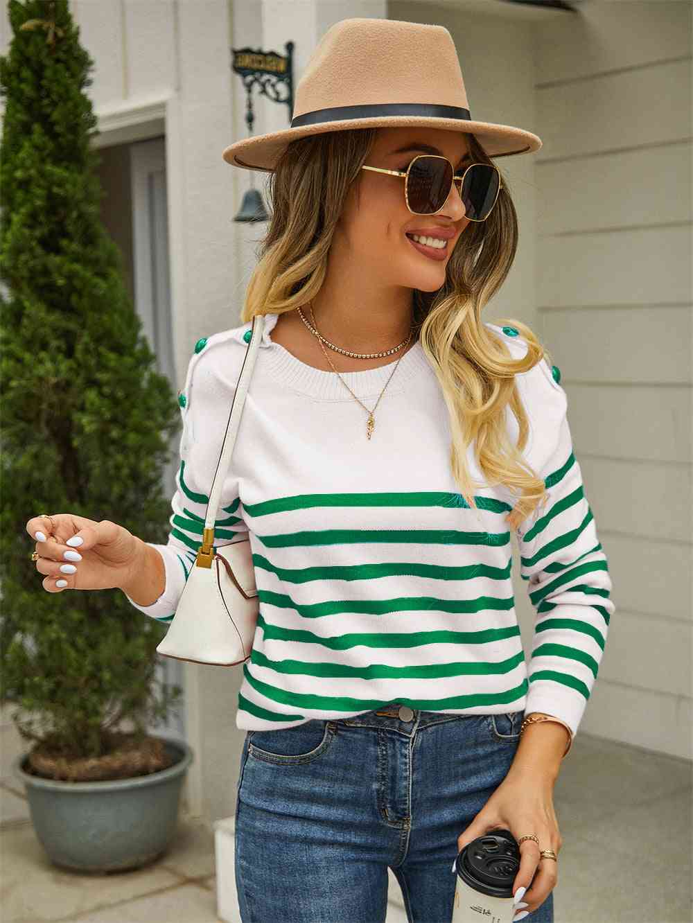 Round Neck Shoulder Button Striped Pullover Sweater