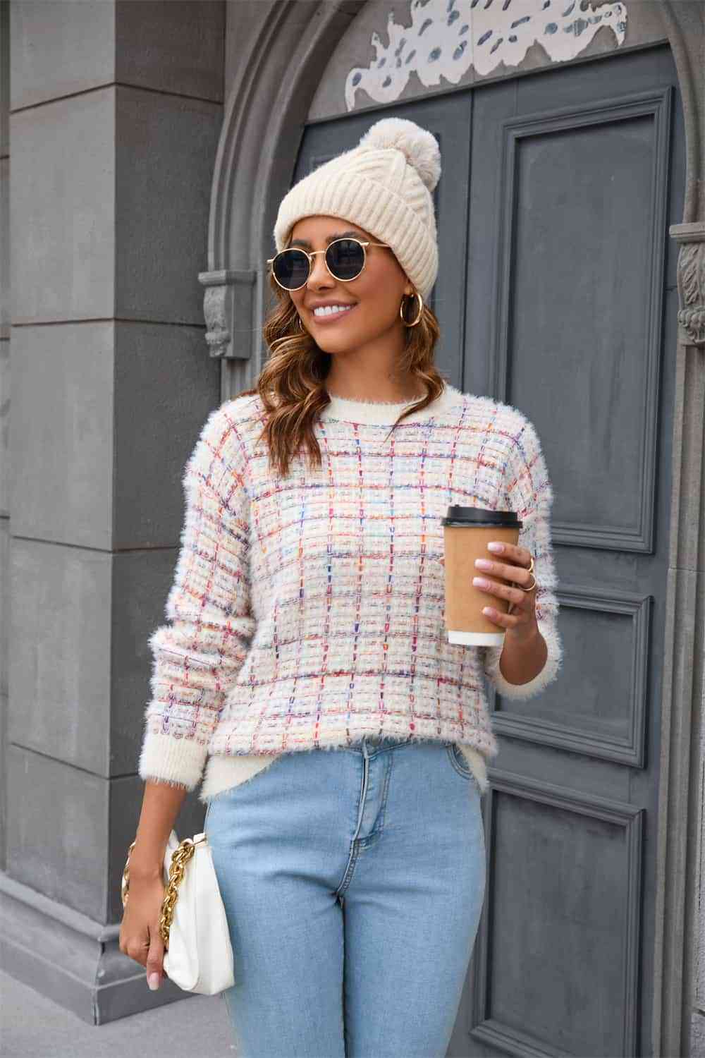 Plaid Round Neck Long Sleeve Pullover Sweater