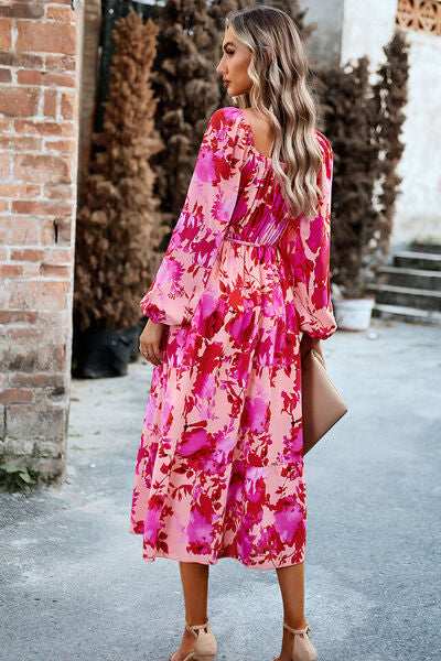 Printed Balloon Sleeve Pocketed Midi Dress