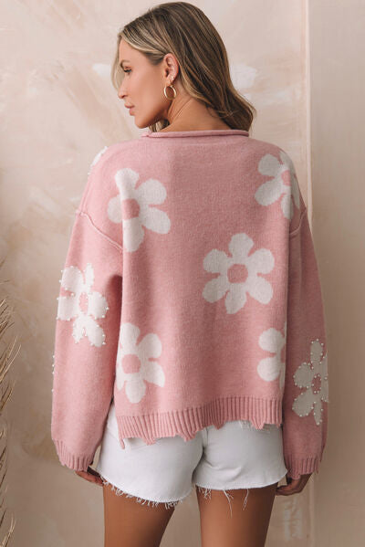 Flower Pattern Pearl Detail Rolled Slit Sweater