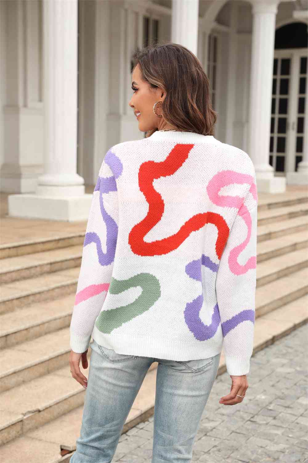 Printed Round Neck Dropped Shoulder Pullover Sweater